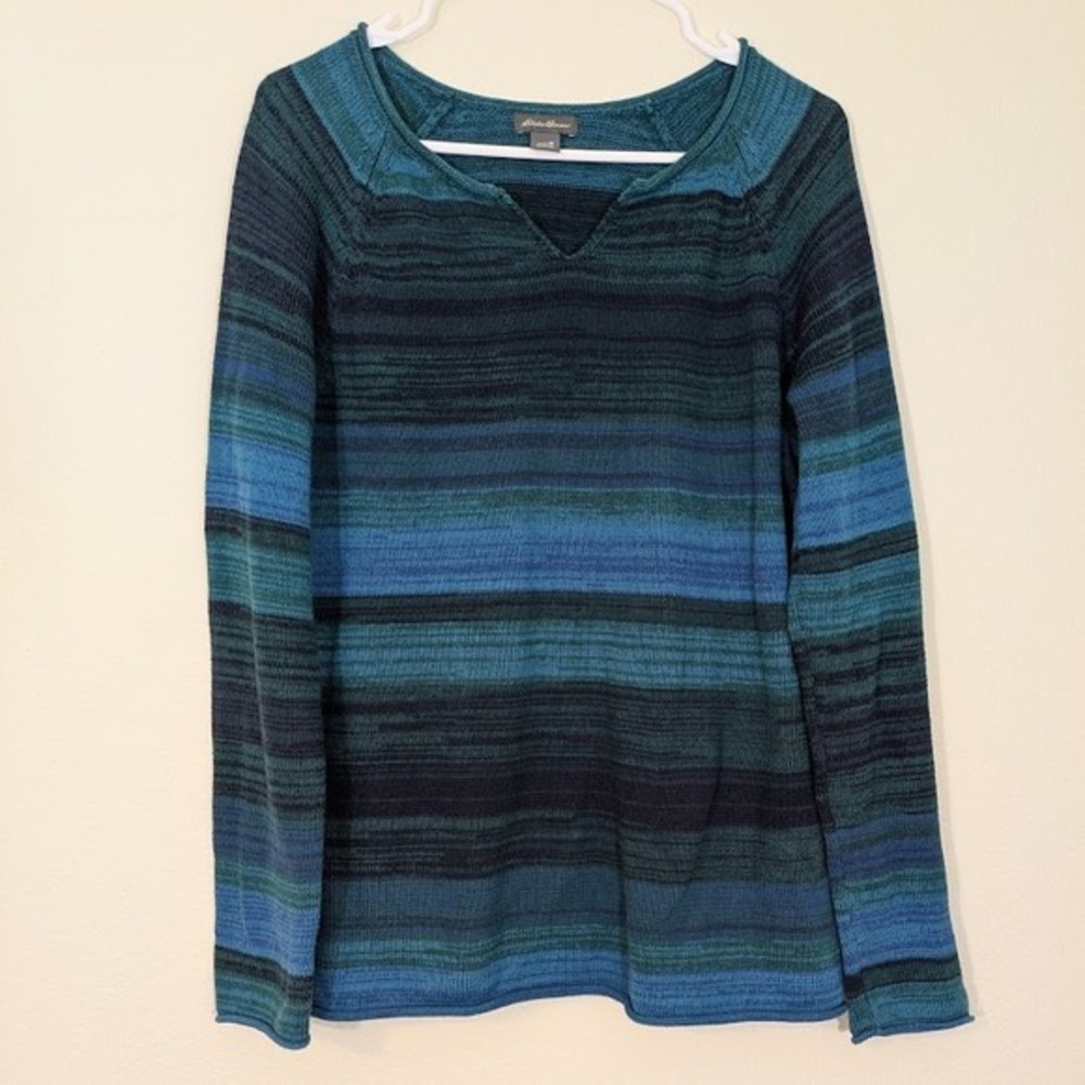 Eddie‎ Bauer Striped Cotton Sweater Blue Green Knit V Neck Classic Preppy M